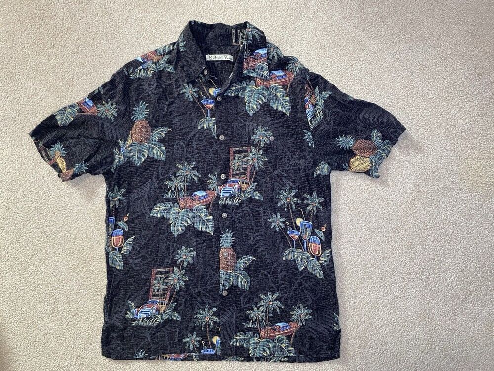 Batik Bay Men's Medium Rayon Hawaiian Shirt Black Tropical Cocktail Classic Cars